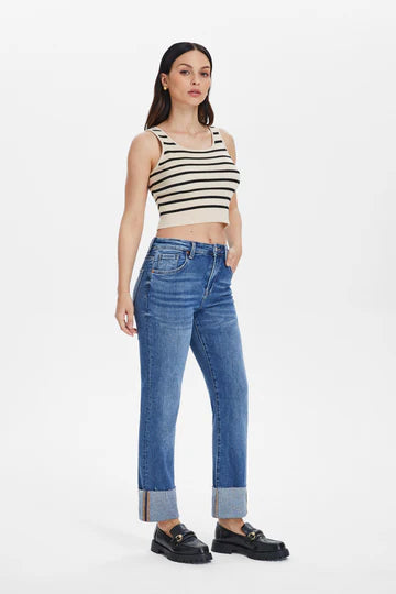 High Rise Straight Leg Denim Jeans With Rolled Hem