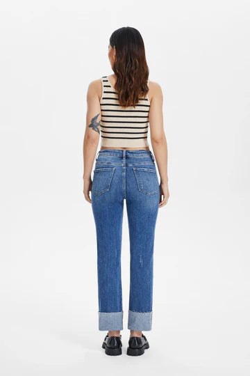 High Rise Straight Leg Denim Jeans With Rolled Hem