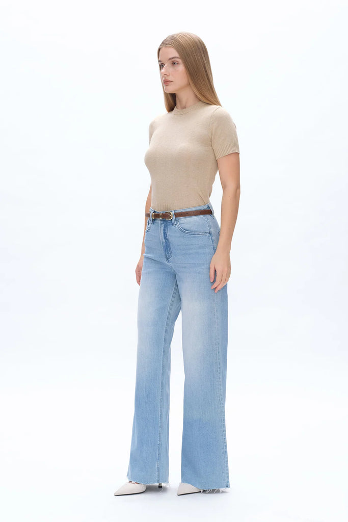 Bella High Rise Wide Leg Denim Jeans With Raw Hem