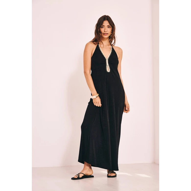 LONG KNITTED HALTER DRESS WITH BRAID AT THE NECKLINE
