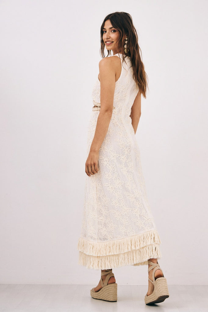 LONG COTTON DRESS WITH CUT OUTS AND FRINGES